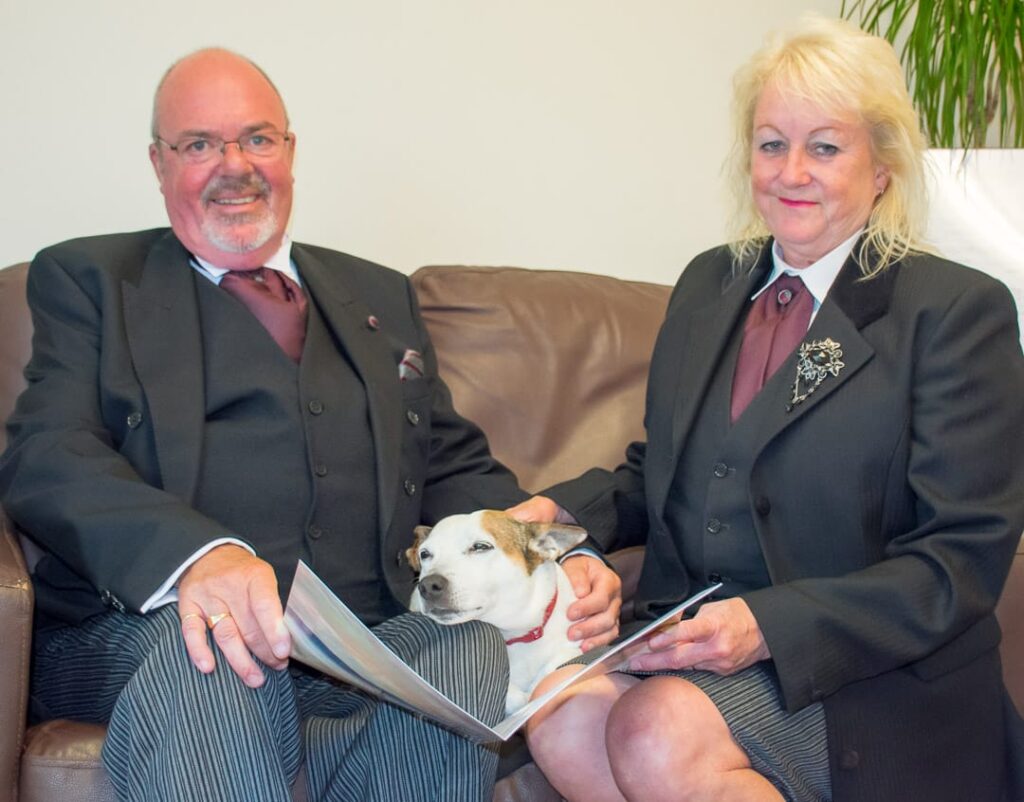 Funeral directors Michael and Lynn with Lola our bereavement dog.